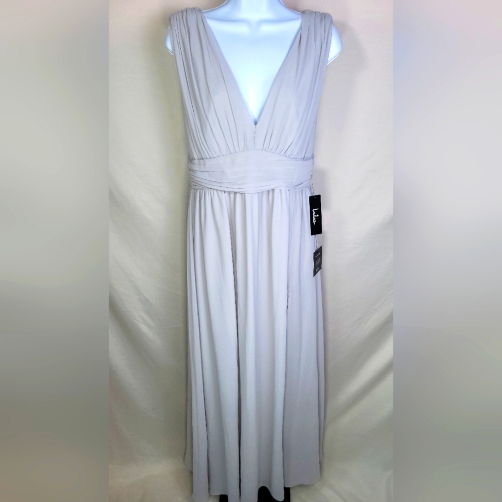 Lulu's Plunging Neckline Cinch Waist Silver Grey Formal Prom Wedding Dress NEW